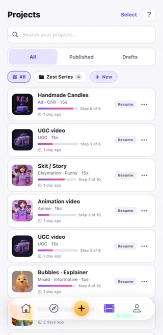 Projects screen with folders, drafts and search