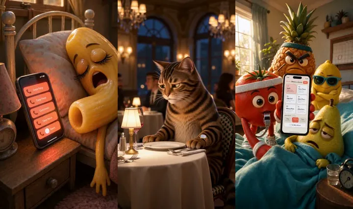 Three frames from 3D cartoon ads rendered with BoomCast